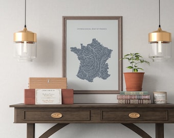 France Hydrological Map of Rivers and Lakes, Map of France Rivers Poster Map