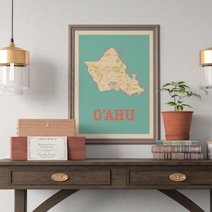 Island of Oahu, Hawaii Map Print Wall Art