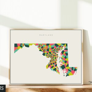 Maryland Polygon Karte Druck, Dimensional Midcentury Wandkunst, Maryland Geometrische Karte Drucken