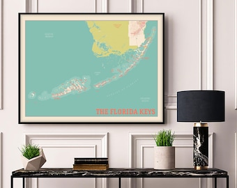 Florida Keys Map - Keys Print - Key West - Poster retro map