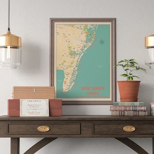 NJ Shore Print: New Jersey Coast Map, Retro Beach Poster