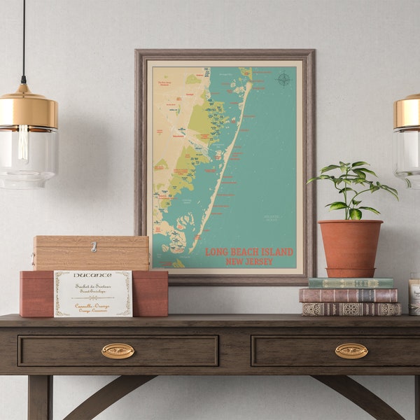 Long Beach Island Map - LBI New Jersey Map Print -  NJ Beach Map - Poster retro map