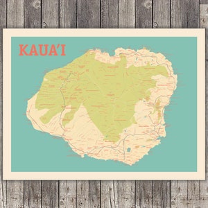 Island of Kauai, Hawaii Map Print Wall Art - Landscape