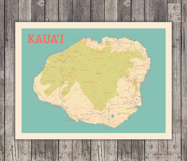 Island of Kauai Hawaii Map Print Wall Art Landscape - Etsy