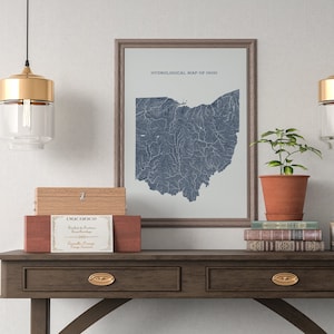 Mapa hidrológico de ríos y lagos de Ohio, póster de ríos de Ohio