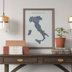 Italy Hydrological Map of Rivers and Lakes, Map of Italy Rivers Poster Map
