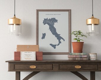 Italy Hydrological Map of Rivers and Lakes, Map of Italy Rivers Poster Map