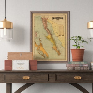 Baja California Vintage Karte 1886 , Alte mexikanische Karte KunstKarte, Vintage Karte Drucken, Karte von Baja California, 1886