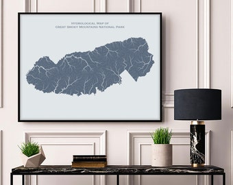 Great Smoky Mountains National Park Hydrological Map of Rivers and Lakes, Great Smoky Mtns Rivers Poster Map