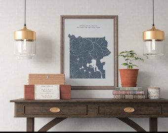 Yellowstone National Park Hydrological Map of Rivers and Lakes, Yellowstone Rivers Poster Map