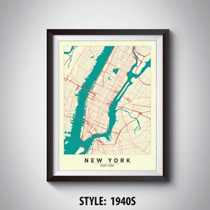 New York City Karte Print: 1940s Style, Reise-Wandkunst