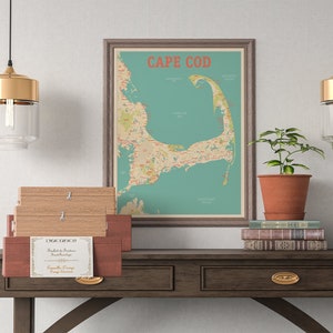 Cape Cod Karte Druck, Straßenkarte mit Leuchttürmen, Wanddeko, retro vintage, Geschenk für Zuhause