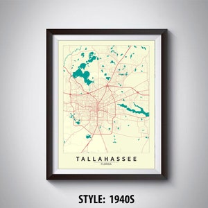 Wydruk mapy Tallahassee: Plakat podróżniczy po Florydzie, dekoracja ścienna do biura