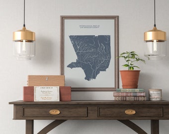 Los Angeles County Hydrological Map of Rivers and Lakes, LA County Rivers Poster Map
