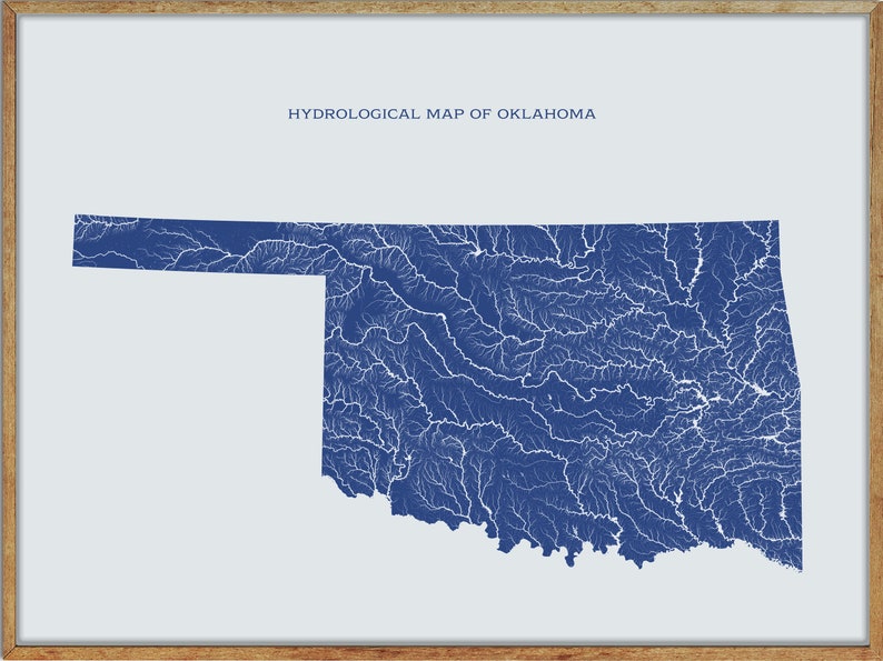 Oklahoma Hydrological Map of Rivers and Lakes Oklahoma Rivers Etsy