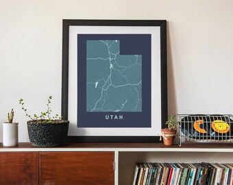 Utah State Map Print: Rivers, Lakes, Motorways - Framed Wall Art