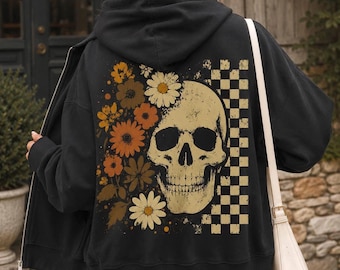 Boho Skull Zip Up Hoodie, Vintage Grunge Floral Skeleton Back Print Jacket