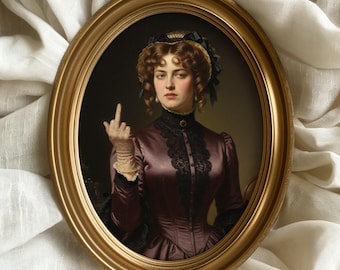 Arte mural feminista victoriano divertido, arte clásico de mujer con el dedo medio, impresión de furia femenina melancólica, decoración de Dark Academia, descarga digital