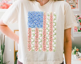 Floral American Flag Crop Top, No Words Subtle Anti Trump Boxy Tee, Botanical USA Flag Shirt, Feminist Gift, Foxglove Tulip Daisy Crop Top