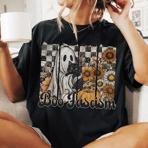 Boo Fascism Ghost & Cat Anti Trump Shirt, Boho Halloween Feminist Shirt, Comfort Colors Political Shirt, Cottagecore Fall Tee, Spooky Season