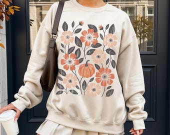 Boho blommig hösttröja, linoleumsskuret blocktryckt hösttröja med rund hals, vintage cottagecore mysig pullover, hösttröja, höstpumpatröja