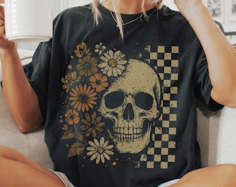 Boho Skull Graphic Tee, Vintage Grunge Comfort Colors Tee, Retro Boho Summerween Shirt, Cute Spooky Halloween Shirt, Spooky Summer Shirt
