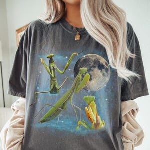 Puede incluir: Camiseta gris oscuro con un gr&aacute;fico de tres mantis religiosas frente a una luna llena y un cielo estrellado. Las mantis son verdes y amarillas. La camiseta tiene mangas cortas y un corte holgado.