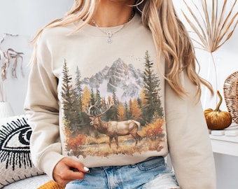 Retro Deer Wilderness Scene Sweatshirt, Deer Sweatshirt, 90s Nostalgia Animal Sweatshirt, Boho Unisex Crewneck, Forest Sweatshirt, Montana