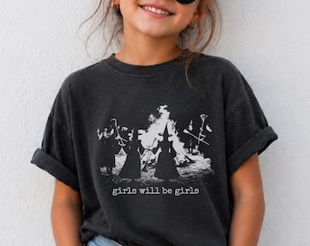 Vintage Girls Will Be Girls Kids Shirt, Witchy Toddler Tee, Creepy Cute Baby Bodysuit, Youth Halloween Shirt, Kids Feminist Witch Gift