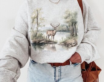 Retro Deer Wilderness Scene Sweatshirt, Deer Sweatshirt, 90s Nostalgia Buck And Doe Deer Outfit, Boho Unisex Crewneck, Forest Sweatshirt