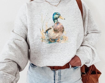 Retro Duck Wilderness Scene Sweatshirt, Duck Sweatshirt, Boho Unisex Crewneck, Forest Sweatshirt, 90s Nostalgia Mallard Duck Sweatshirt
