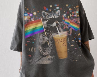 Funny Pride Raccoon Shirt, Vintage LGBTQ Tee, Retro Comfort Colors Graphic Shirt, Gay Pride Coffee Raccoon Tee