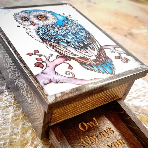 PERSONALIZED Majestic Owl Jewelry Box with Mirror & Drawer - Wood Jewelry Organizer, Personalized Birthday Gift, Engraved Fathers Day Gift