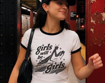 Vintage Praying Mantis Girls Will Be Girls Tee, Retro Feminist Shirt, Women's Baby Tee, Feminist Bug Ringer Tee, Y2K Cropped Graphic Tee