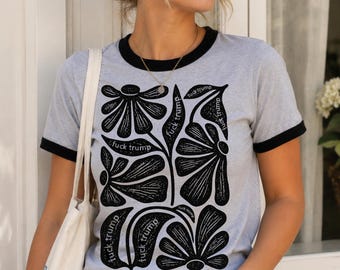 Lino Print Floral Ringer Tee, Block Print Botanical Shirt, Hidden FDT Shirt, 8647 Feminist Shirt, Anti Trump Tee