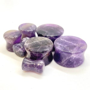 Pair of Amethyst Stone Plugs Organic Gauges Double Flare- Sizes 2g 0g 00g 1/2” 9/16” 5/8” 3/4” 7/8" 1"- Purple Quartz Ear gauges