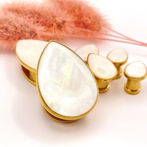 Pearl Teardrop Gold Plugs, Wedding Gauges Iridescent Gauges Stainless Steel- Double Flare Plugs- Sizes 0g 00g 1/2” 9/16” 5/8” 3/4" 7/8” 1”