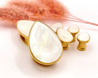 Pearl Teardrop Gold Plugs, Wedding Gauges Iridescent Gauges Stainless Steel- Double Flare Plugs- Sizes 0g 00g 1/2” 9/16” 5/8” 3/4" 7/8” 1”