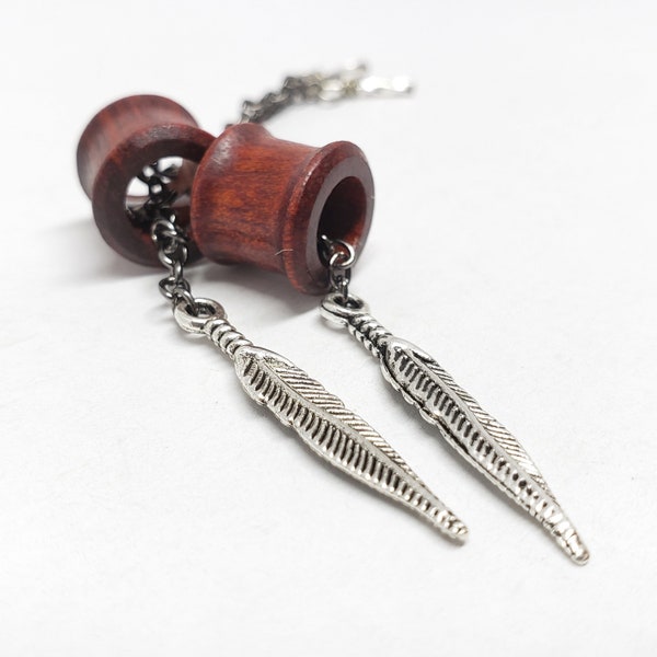 Dangle Tunnels ft. Interchangeable Silver Feather Dangles - Wood or Stone Ear Gauges, Size 2g, 0g, 00g, to 38mm, Dangle Plugs and Tunnels