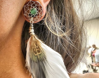 Handwoven Organic Dream-Catcher Tunnels with Real Dangle Feathers -Sizes 00g(10mm) - 28mm/ Eyelets/ Wood Plug Gauges for Stretched Ears