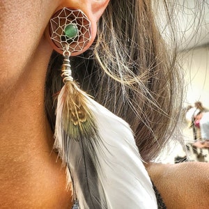 Handwoven Organic Dream-Catcher Tunnels with Real Dangle Feathers -Sizes 00g(10mm) - 28mm/ Eyelets/ Wood Plug Gauges for Stretched Ears