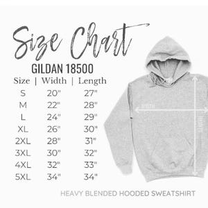 May include: A light gray hooded sweatshirt with a size chart. The chart lists sizes S to 5XL, with corresponding width and length measurements in inches. The text "Size Chart" and "GILDAN 18500" are also visible.
