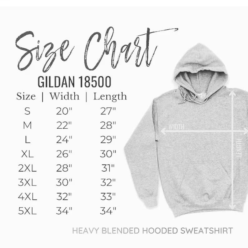 May include: A light gray hooded sweatshirt with a size chart. The chart lists sizes S to 5XL, with corresponding width and length measurements in inches. The text "Size Chart" and "GILDAN 18500" are also visible.