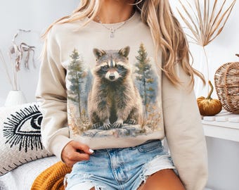 Felpa retrò con procione, maglietta con procione sciatore, felpa con animali nostalgici anni '90, felpa unisex con scollo rotondo boho, felpa con foresta, felpa selvaggia