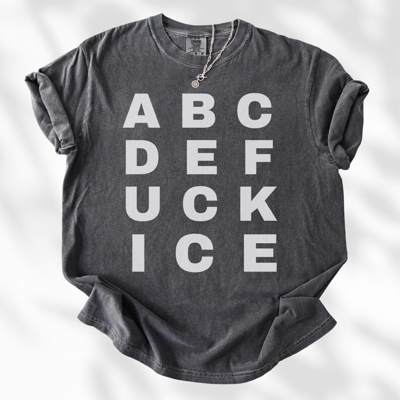 May include: Dark gray t-shirt with the letters "A B C D E F U C K I C E" printed in white. The shirt has a crew neck and short sleeves. A silver necklace with a pendant is visible.