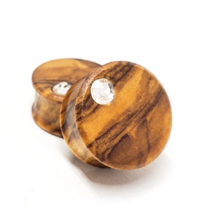 Olivewood Organic Gauges Offset Crystal Inlay Plugs- 2g 0g 00g 7/16” 1/2” 9/16” 5/8” 11/16” 3/4” 7/8” 1” 28mm 30mm 32mm, Wood plugs for ears