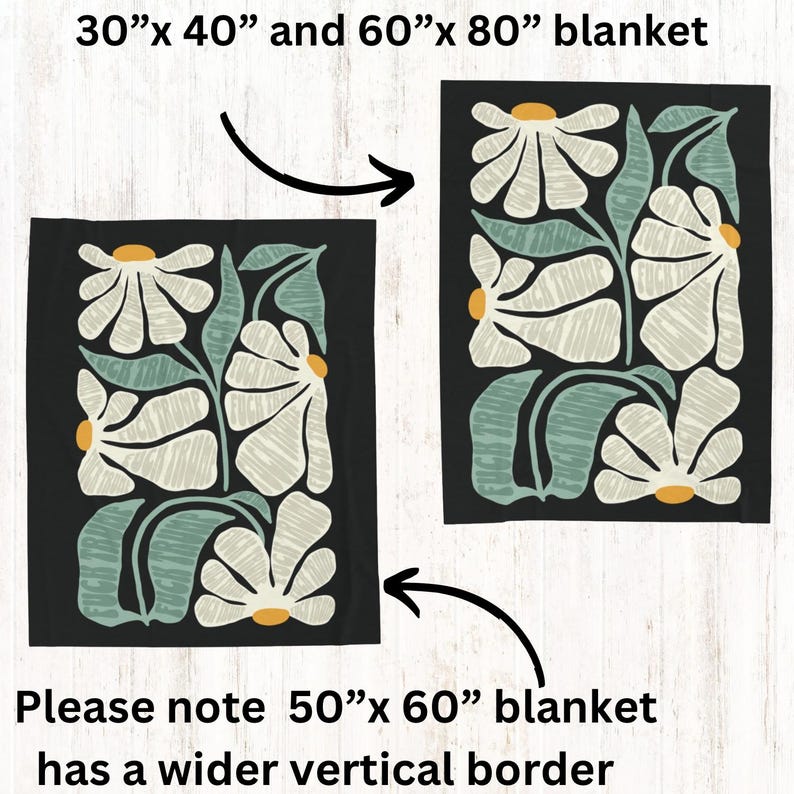 Peut inclure: Deux images montrant la diff&eacute;rence de taille de bordure pour une couverture florale. L'image de gauche montre une couverture de 30" x 40" avec une bordure plus petite. L'image de droite montre une couverture de 60" x 80" avec une bordure plus grande. Le texte "Veuillez noter que la couverture de 50" x 60" a une bordure verticale plus large" est sous les images.