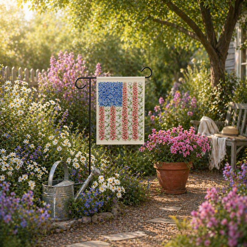 May include: A garden flag featuring a floral American flag design. The flag has a blue floral field with white and red floral stripes. The flag is displayed on a black metal stand in a garden setting, surrounded by flowers and greenery.