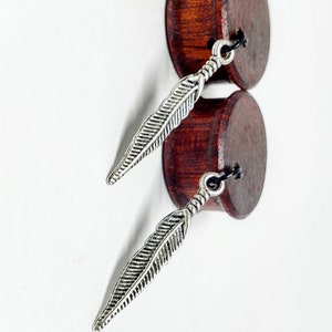 Whispering Feather Dangle Plug Earrings Gauge Sizes 2g6mm through 30mm / Silver Feather Dangle on Wooden Plug Gauges for Stretched Ears image 6