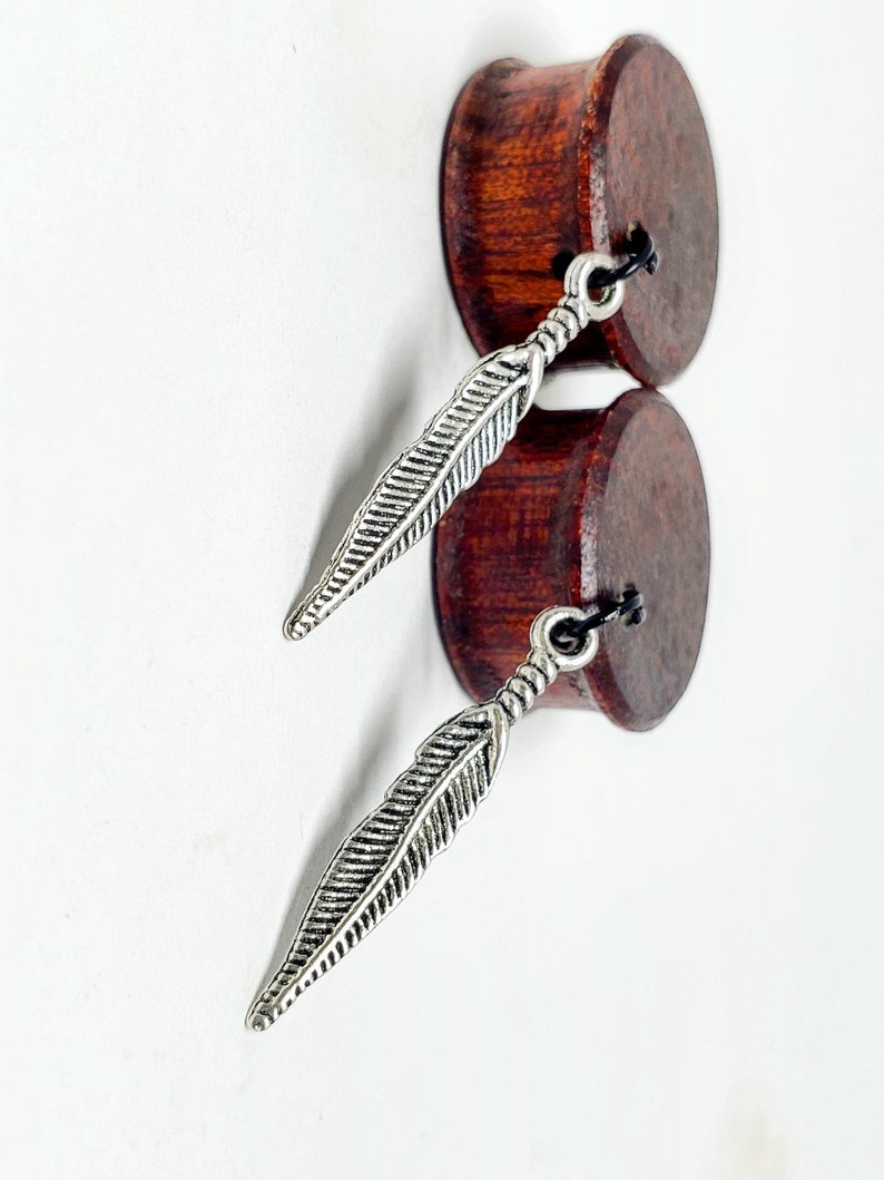 Whispering Feather Dangle Plug Earrings Gauge Sizes 2g6mm through 30mm / Silver Feather Dangle on Wooden Plug Gauges for Stretched Ears image 6